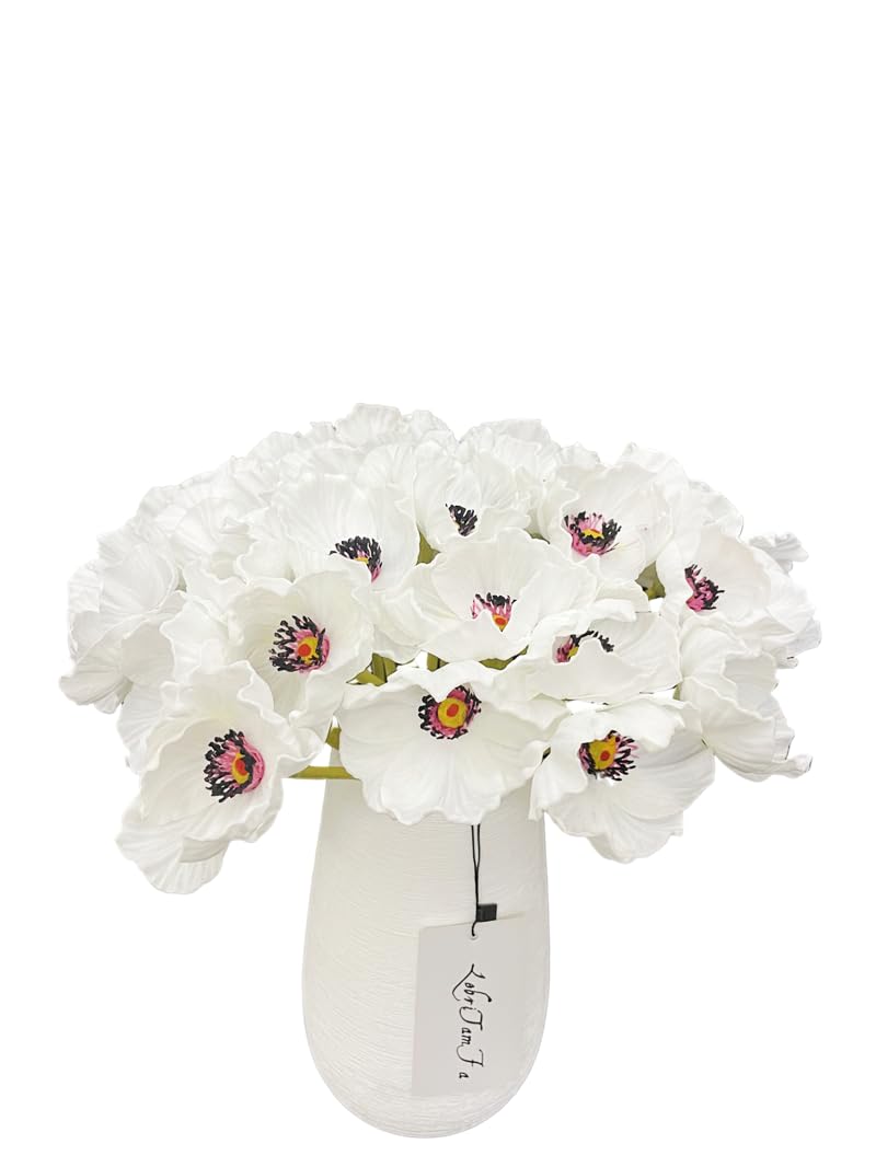 LebriTamFa 10 Stems Artificial Poppies Real Touch PU Fake Latex Flowers for Wedding Holiday Bridal Bouquet Home Party Decor (White) - Image 4